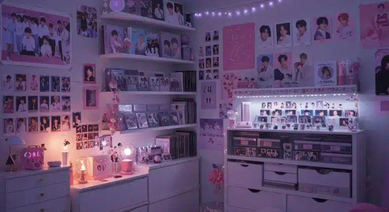 Vibrant K-Pop fan shrine with albums, photo cards, and lightsticks on display.
