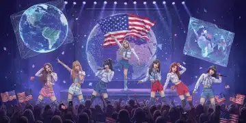 Dynamic K-Pop stage with idols and global fans, representing 2025 comeback excitement