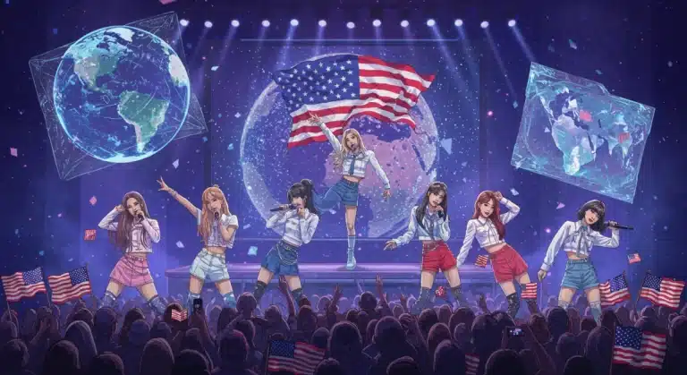 Dynamic K-Pop stage with idols and global fans, representing 2025 comeback excitement