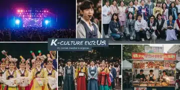Dynamic collage of K-Pop concert, K-Drama fan meet, traditional dance, and Korean street food representing K-Culture events in the US 2025.