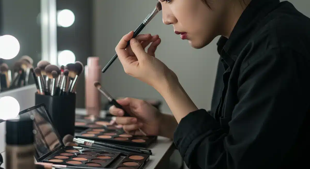 Cosplayer meticulously applying character makeup for authentic K-Drama look.