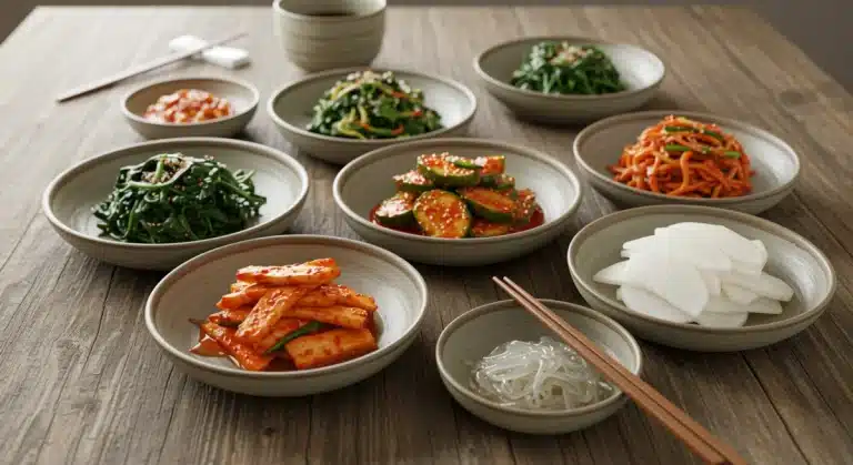 Seven colorful Korean side dishes, banchan, arranged beautifully on a wooden table, ready to be enjoyed.