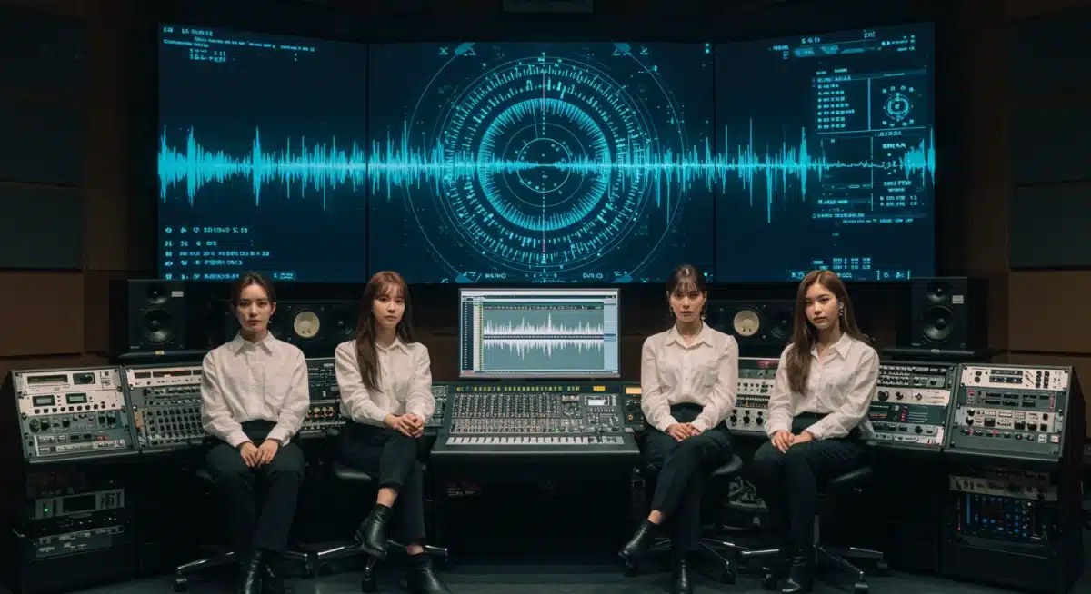 K-Pop group in studio with AI music production tools, innovating for 2025