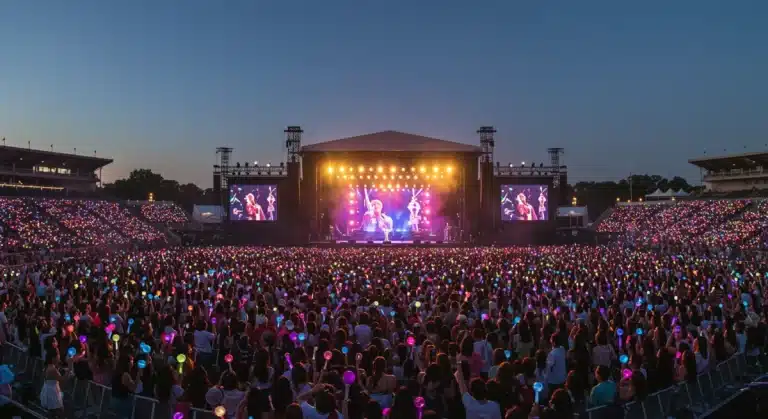 Thousands of K-pop fans at a lively outdoor music festival in the US, cheering with lightsticks as a K-pop idol performs on a brightly lit stage.