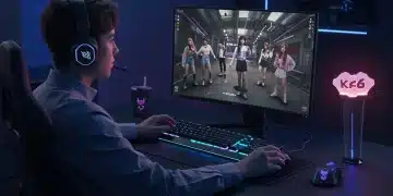 Gamer with K-Pop themed setup, wireless headset, lightstick mouse, and RGB keyboard for enhanced performance.
