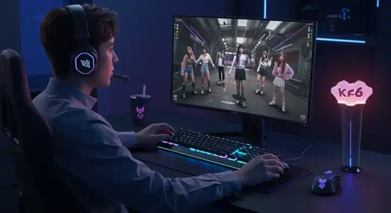 Gamer with K-Pop themed setup, wireless headset, lightstick mouse, and RGB keyboard for enhanced performance.