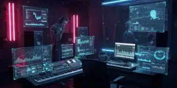 AI-powered K-Pop music production studio with holographic interfaces and digital data streams.