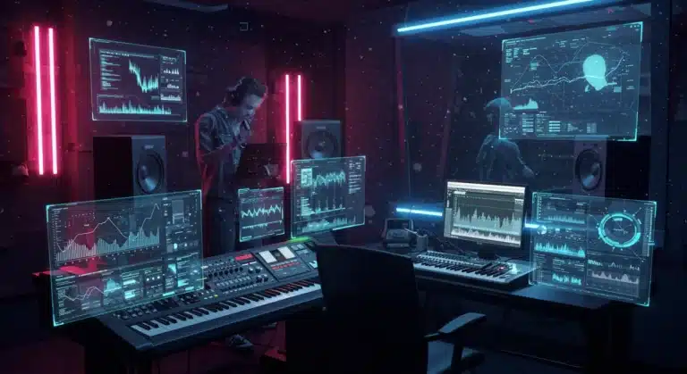 AI-powered K-Pop music production studio with holographic interfaces and digital data streams.
