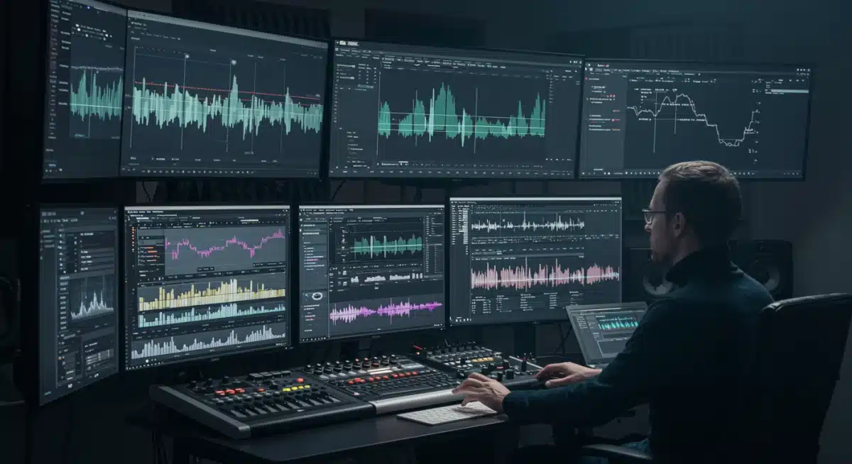 AI music composition software interface generating melodies and harmonies in a modern studio.