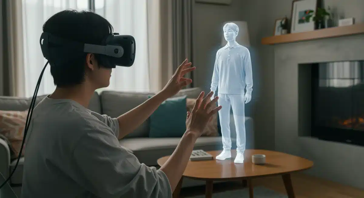 Fan using AR headset to interact with holographic K-Drama character in living room.