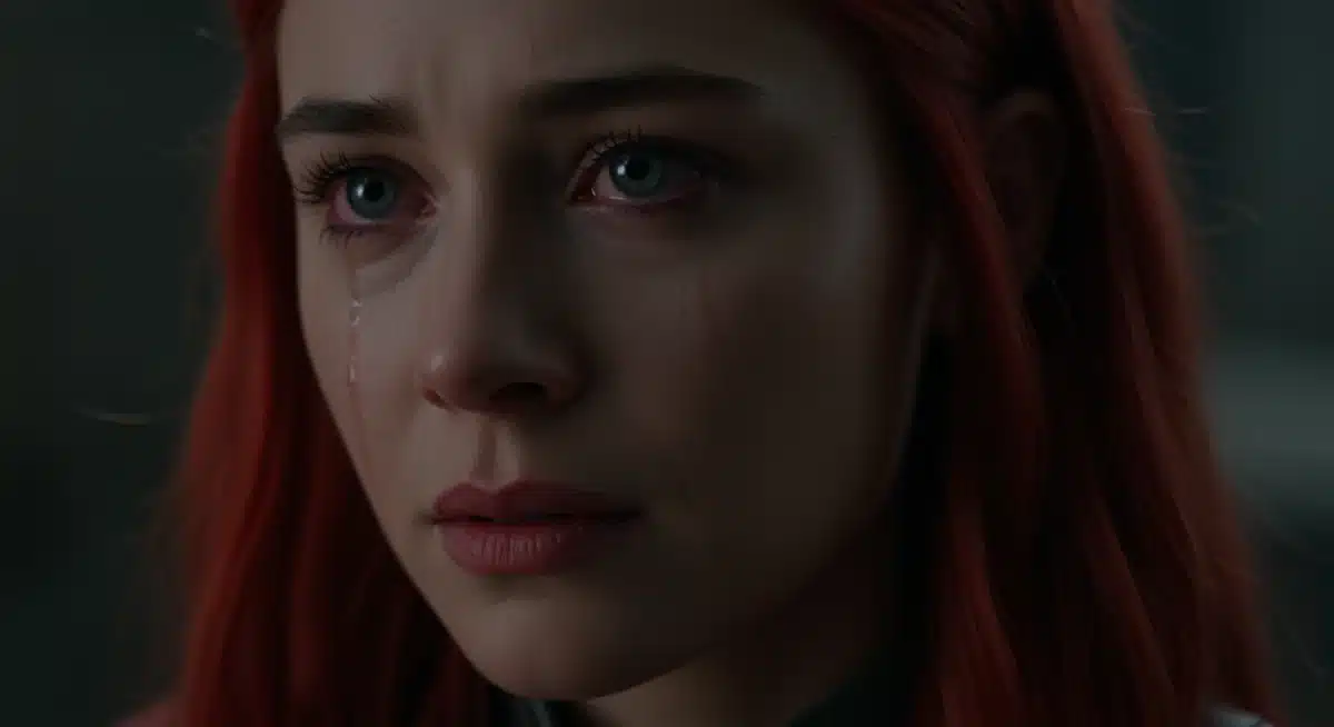 Lead actress of Crimson Horizon 2026 displaying complex emotions