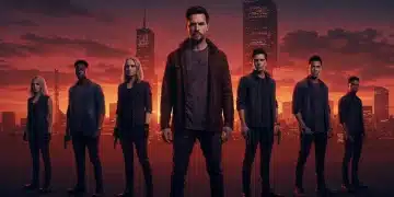 Main cast of Crimson Horizon 2026 standing against a futuristic cityscape