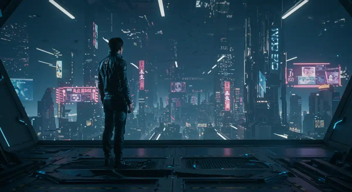 Still from 'Cybernetic Serenade,' a 2026 K-drama, depicting a futuristic city at night with advanced architecture and neon lights.
