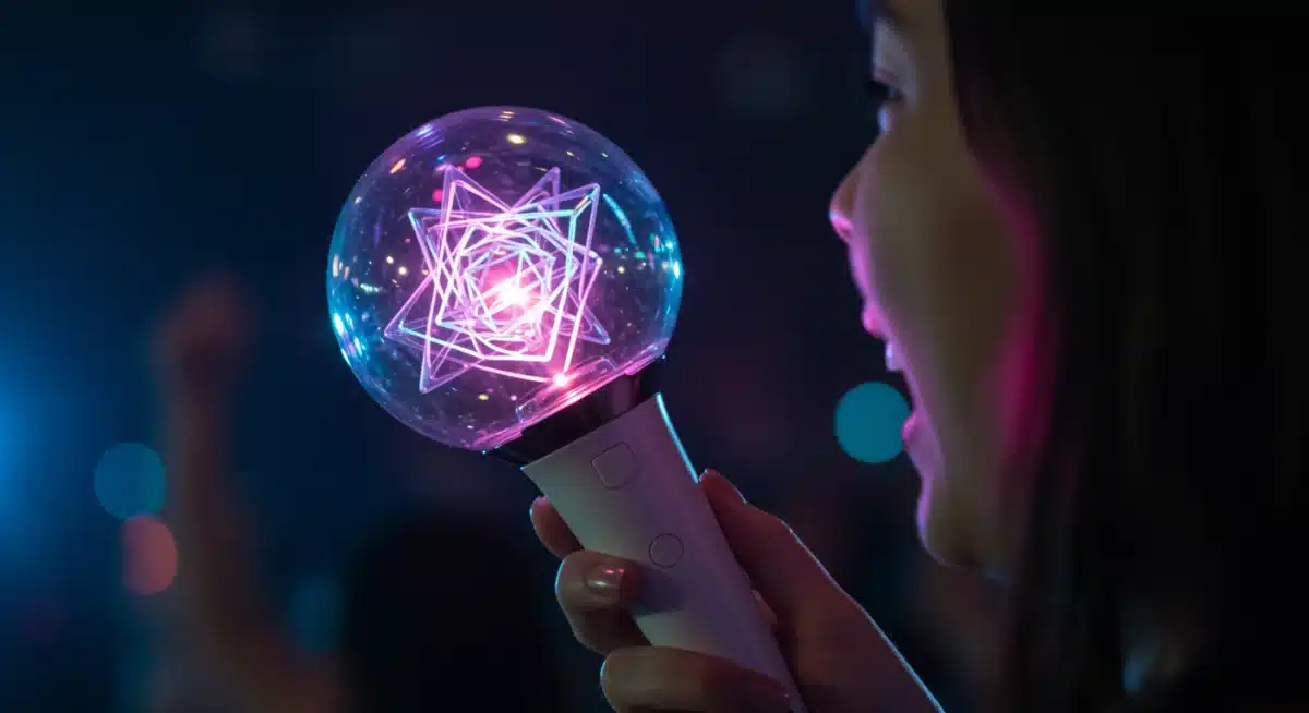 K-Pop fan interacting with an AI-powered lightstick, showcasing dynamic visual effects and real-time response.