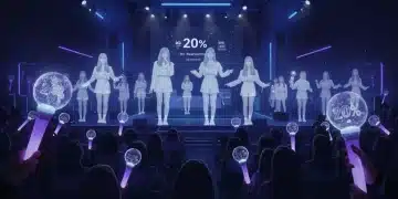Futuristic K-Pop concert with fans interacting with AI-powered smart collectibles and holographic idols in 2026.