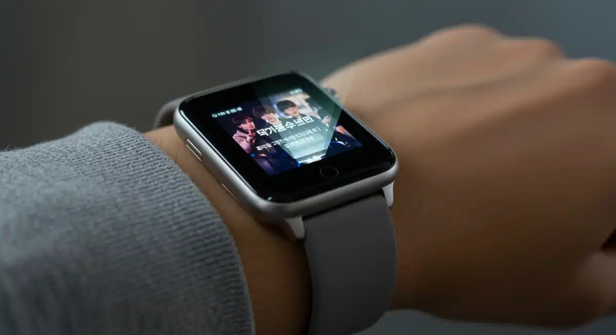 Holographic smartwatch displaying K-drama content on a wrist