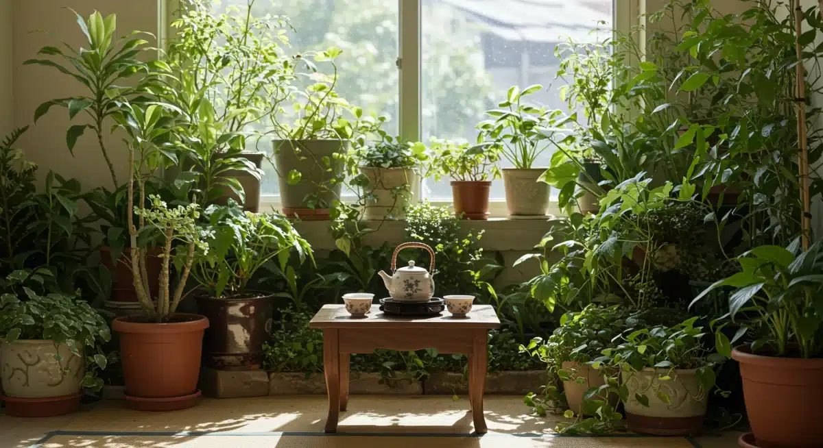 Indoor garden with Korean tea set promoting natural well-being