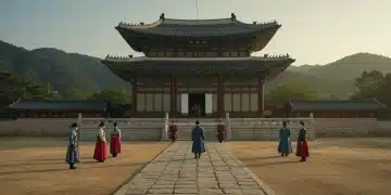 Grand Joseon palace at dawn with actors in historical costumes, symbolizing K-drama historical revival.