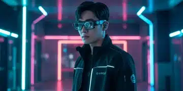 Futuristic K-drama character showcasing integrated wearable tech in an urban setting