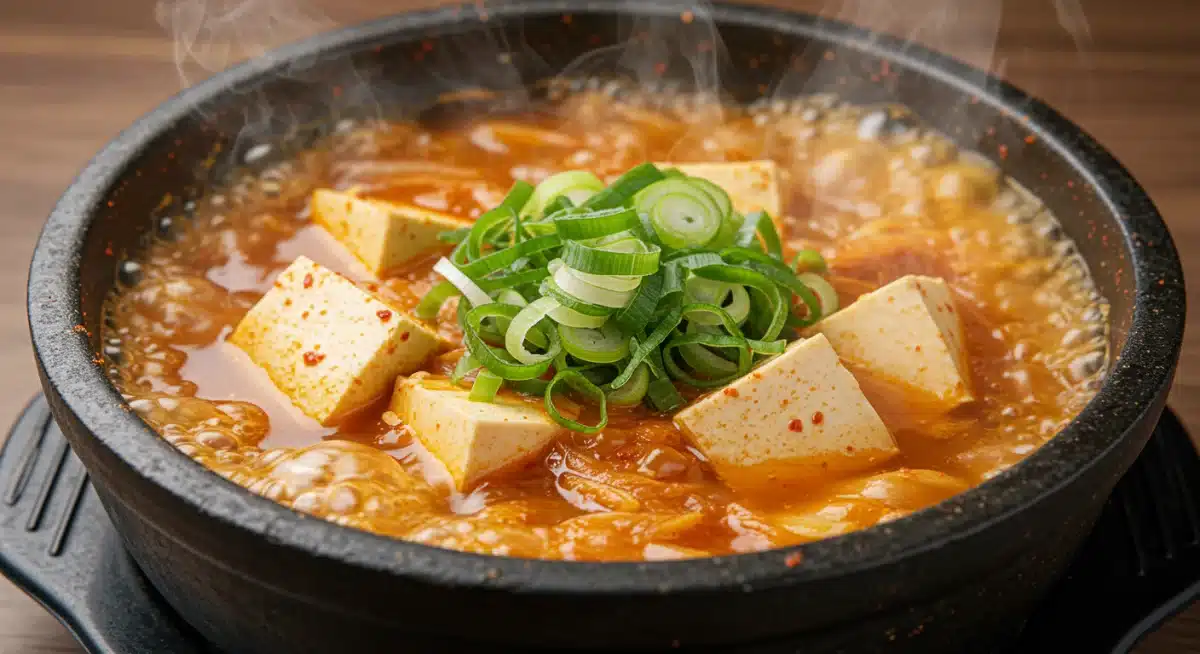 Steaming kimchi jjigae in a traditional dolsot pot