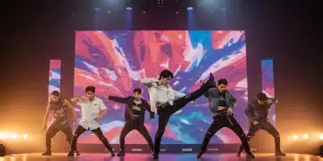 K-Pop group performing complex 2026 choreography on a brightly lit stage in the US, showcasing dynamic movement and synchronized precision.