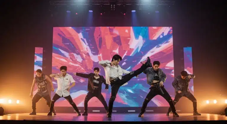 K-Pop group performing complex 2026 choreography on a brightly lit stage in the US, showcasing dynamic movement and synchronized precision.