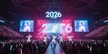 K-Pop group performing on a futuristic stage in a US arena, surrounded by enthusiastic fans with light sticks.