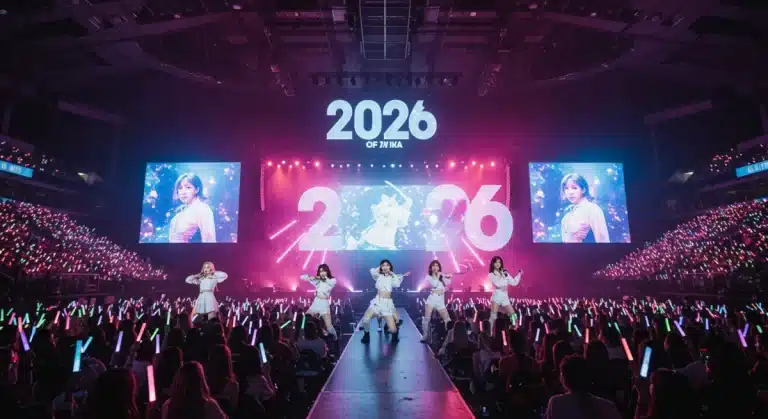 K-Pop group performing on a futuristic stage in a US arena, surrounded by enthusiastic fans with light sticks.