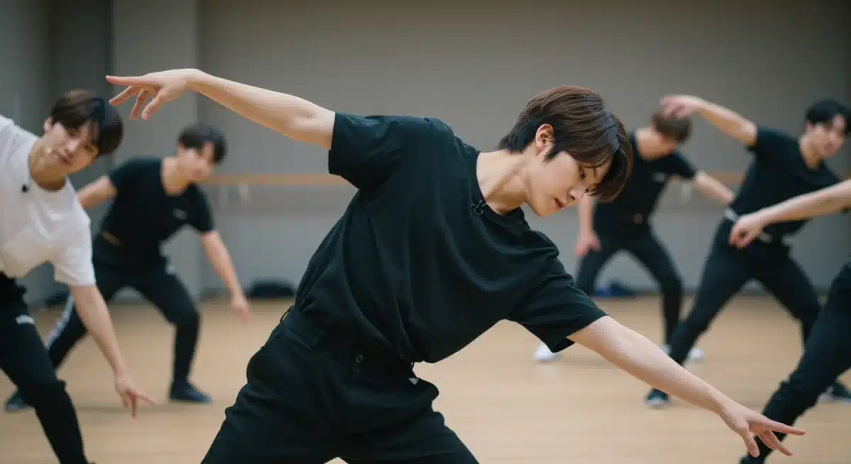 K-Pop idol demonstrating a fluid contemporary dance move in a practice studio, highlighting technical precision and grace.