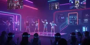 K-Pop idols performing virtually for fans in VR/AR headsets, showcasing immersive fandom by 2026.