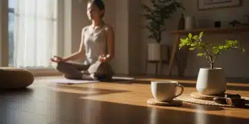 Person meditating in a minimalist apartment with Korean decor, embodying mindful living