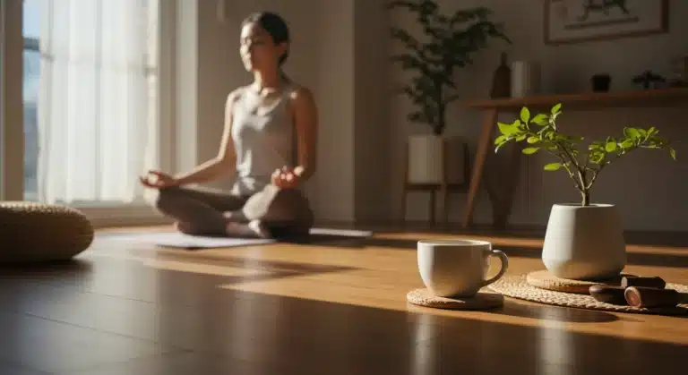 Person meditating in a minimalist apartment with Korean decor, embodying mindful living