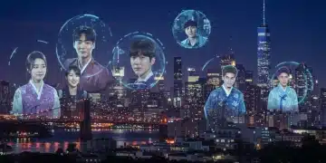 Futuristic cityscape with K-drama holograms influencing US culture 2026