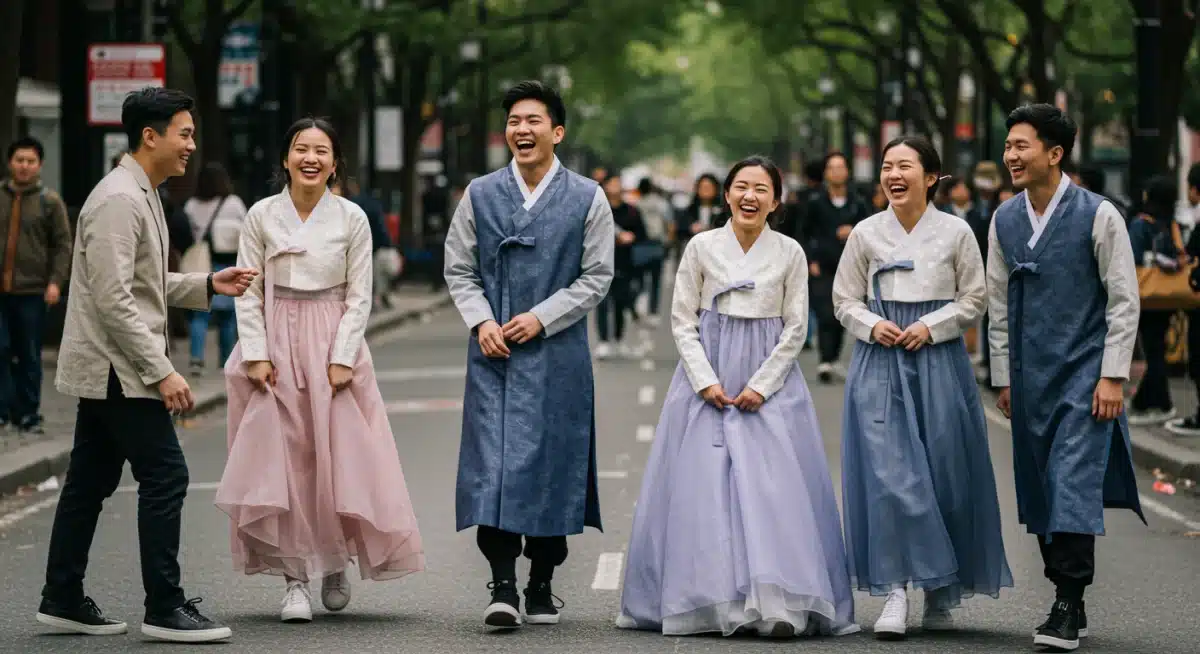 Young adults wearing casual Hanbok-inspired outfits in an urban setting, blending tradition and modernity.