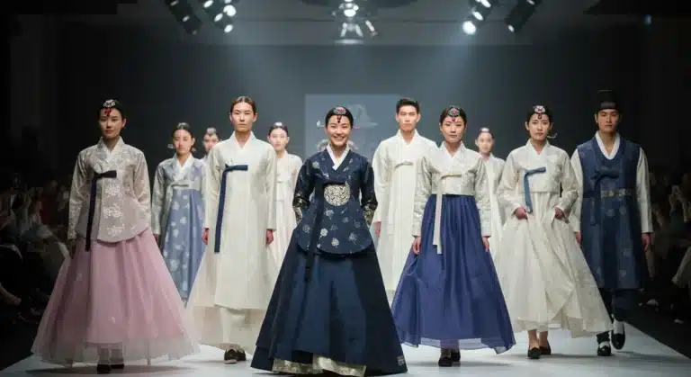 Models on a runway showcasing contemporary Hanbok designs, vibrant and elegant.