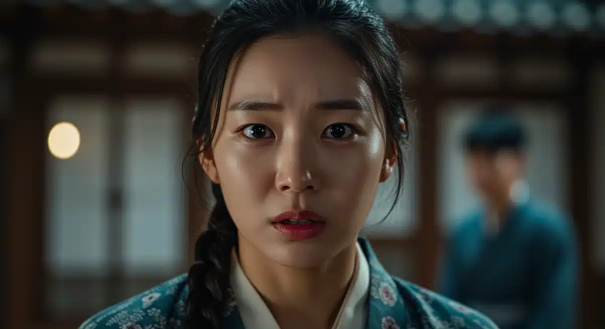 Lead actress from Echoes of Seoul displaying deep emotion, blending tradition and modernity