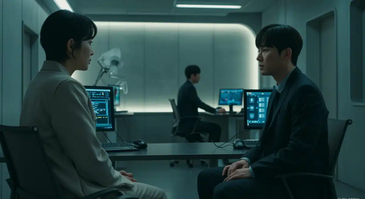 Two main characters in a pivotal scene from Echoes of Seoul, minimalist setting with tech elements