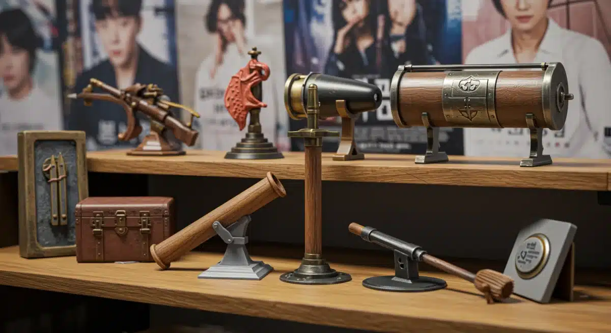 Finished and painted 3D printed K-Drama prop replicas displayed on a shelf.