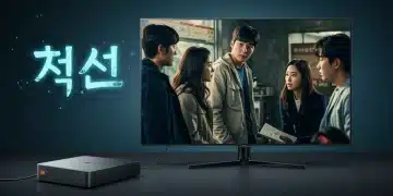 Futuristic streaming device connected to 4K TV showing K-Drama