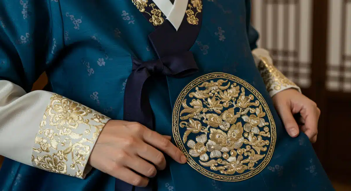 Close-up of intricate embroidery and luxurious fabric on a modern Hanbok.