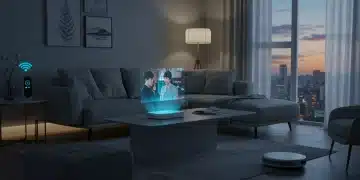 Futuristic smart home living room with K-Drama holographic display and integrated tech.