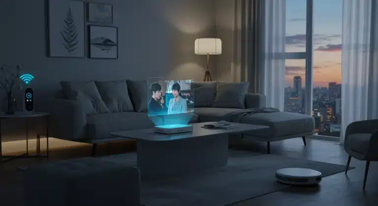 Futuristic smart home living room with K-Drama holographic display and integrated tech.