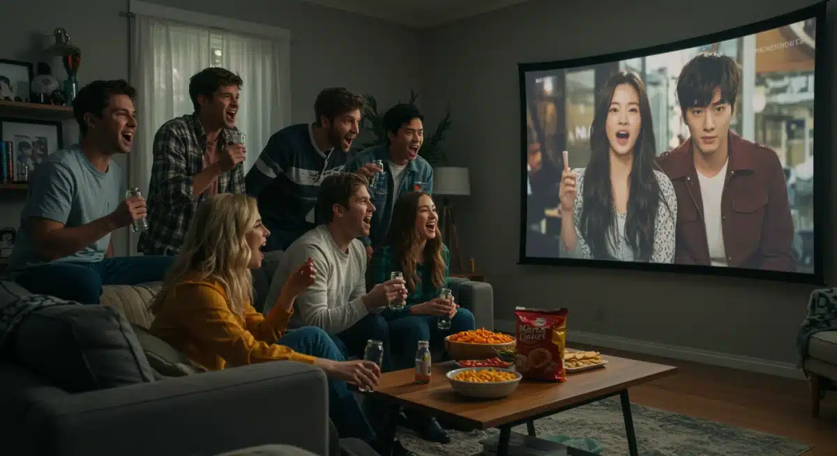 Young Americans enjoying a K-drama in a modern living room setting