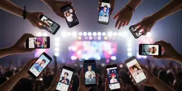 Diverse K-Pop fans connecting on digital platforms with smartphones featuring idol content.