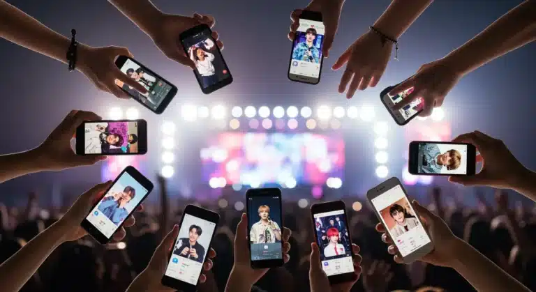 Diverse K-Pop fans connecting on digital platforms with smartphones featuring idol content.