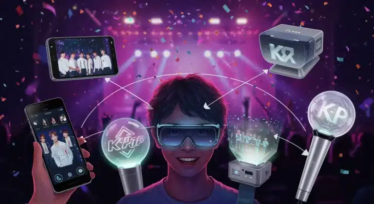 Futuristic K-Pop fan using smart devices for enhanced fandom in 2026