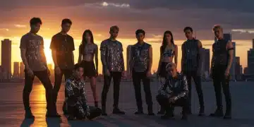 K-Pop inspired street fashion in a futuristic city, showcasing 2026 trends