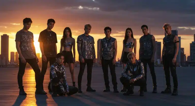 K-Pop inspired street fashion in a futuristic city, showcasing 2026 trends