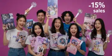 US K-Pop fans enthusiastically displaying diverse K-Pop merchandise, including lightsticks and albums, reflecting 2026 trends and a 15% sales increase.