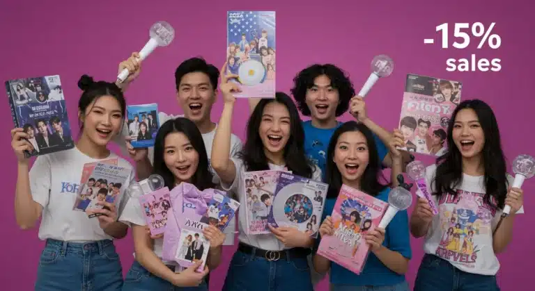 US K-Pop fans enthusiastically displaying diverse K-Pop merchandise, including lightsticks and albums, reflecting 2026 trends and a 15% sales increase.